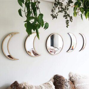 Scandinavian Decor 5-Piece Acrylic Wall Decor - Wooden Moon Phase Mirror, Bohemi